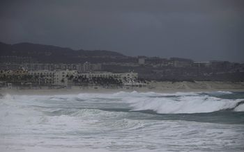 General view of the Medano beach in Los Cabos, Baja California State, Mexico, during the passage of Hurricane Hilary.