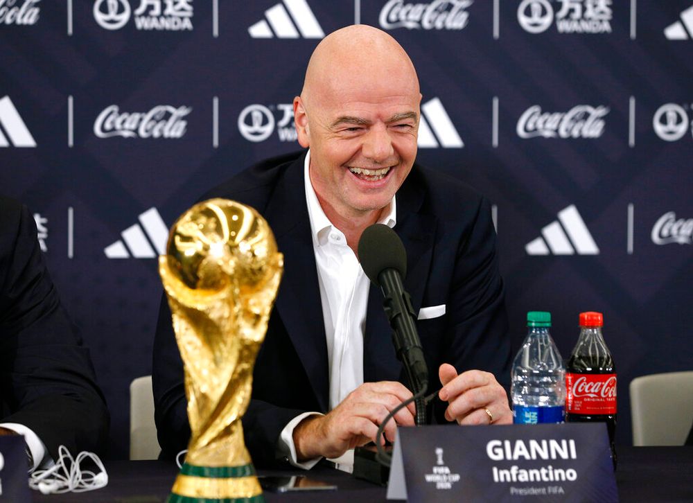FIFA President Gianni Infantino answers questions during a 2026 soccer World Cup news conference in New York, USA.