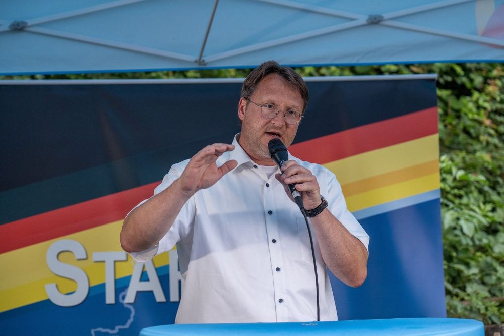 Robert Sesselmann of the far-right Alternative for Germany (AfD) party speaks at an election event in Sonneberg, eastern Germany.