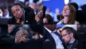 This combination of photos shows participants snoozing during the closing session of the COP27 climate conference, at the Sharm el-Sheikh International Convention Center in Egypt's Red Sea resort city of the same name, early on November 20, 2022.