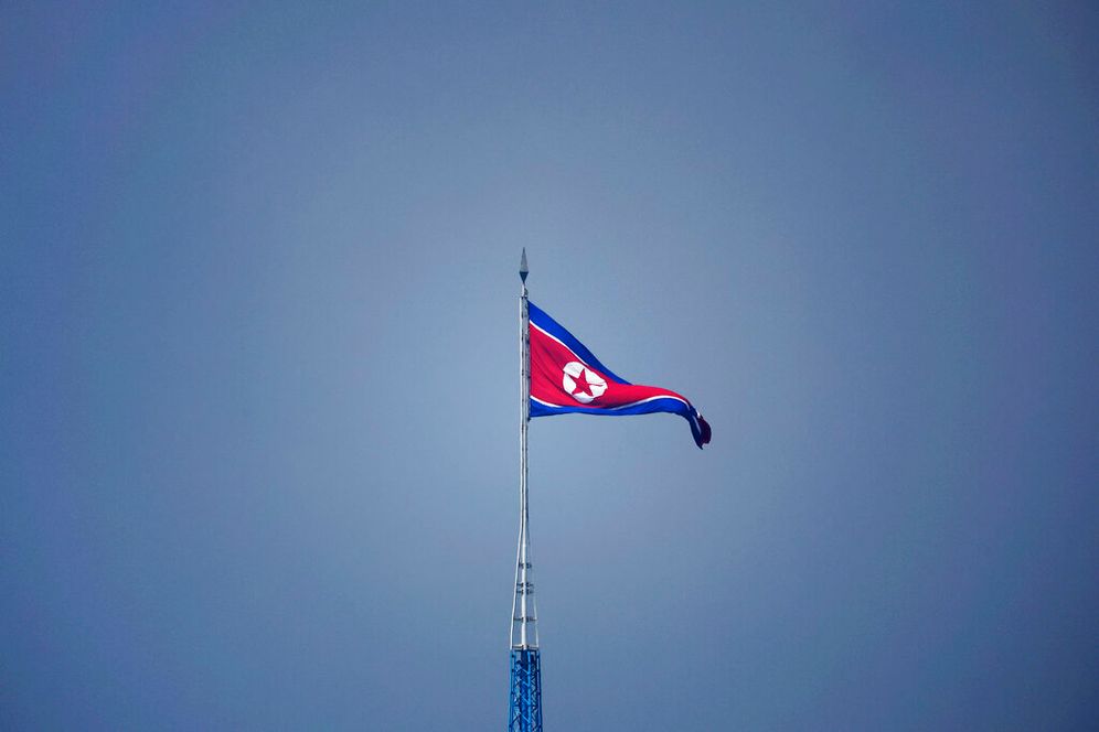 A North Korean flag in the village of Gijungdong in North Korea, on July 19, 2022