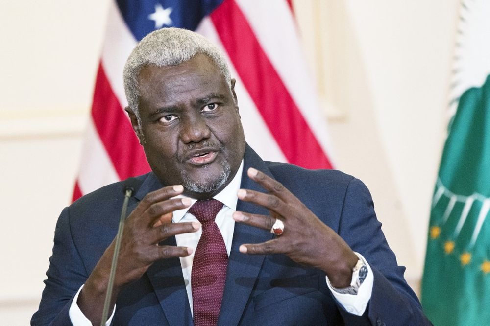 African Union Commission Chairperson Moussa Faki Mahamat, speaks during the signing of a Memorandum of Cooperation, March 11, 2022, in Washington, DC, United States.