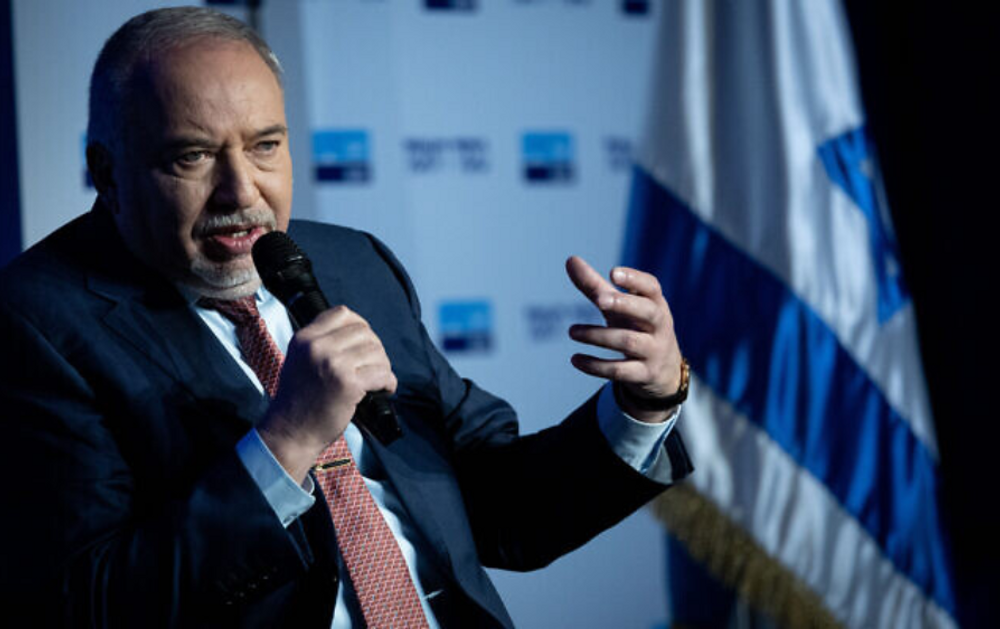 Finance Minister Avigdor Lieberman speaks at a conference of the Israeli newspaper "Makor Rishon" at the International Convention Center in Jerusalem on February 21, 2022.