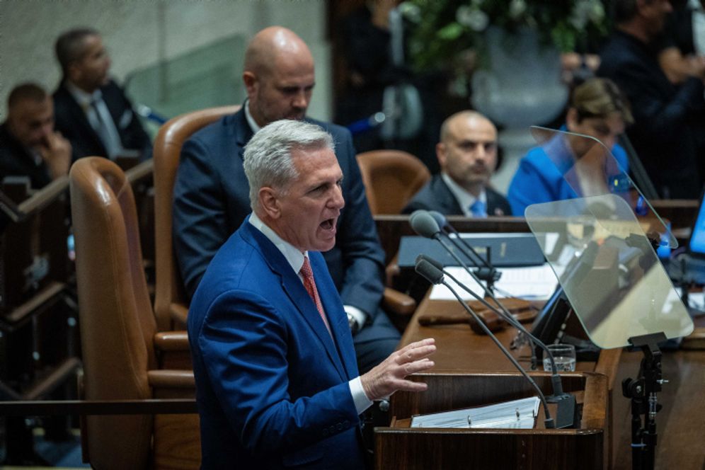U.S. House Speaker Kevin McCarthy speaks in the Israeli parliament in Jerusalem.