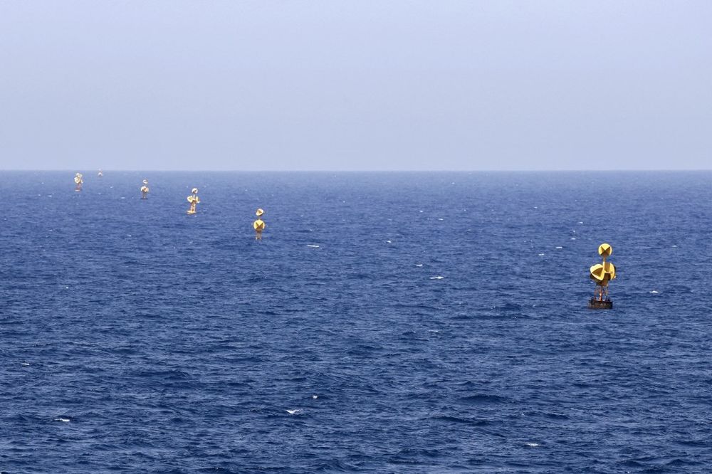 Border-marking buoys in the Mediterranean waters off the coast of Rosh Hanikra, Israel, an area at the between Israel and Lebanon, on May 4, 2021.