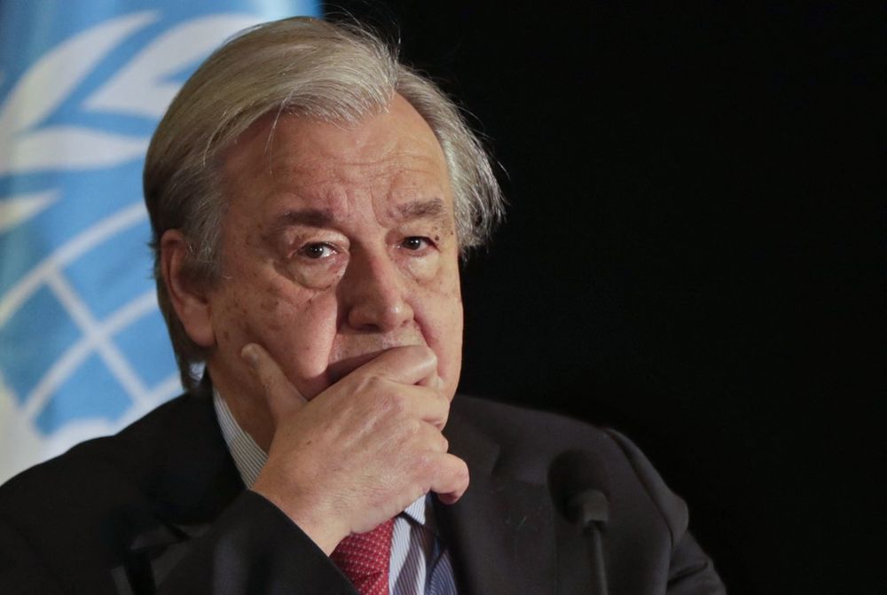 UN Secretary-General Antonio Guterres attends a press conference at the end of his visit to crisis-struck Lebanon, in the capital Beirut, on December 21, 2021.