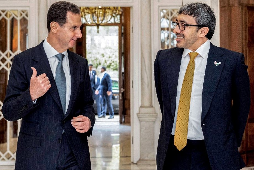 (L to R) Syria's President Bashar al-Assad meeting with the UAE's Foreign Minister Sheikh Abdullah bin Zayed al-Nahyan in the capital Damascus on January 4, 2023.