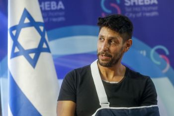 Israeli singer-songwriter, Fauda actor and reserve soldier Idan Amedi who was seriously injured in the Gaza Strip attends a press conference upon his release from Sheba Medical Center.