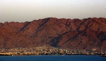 The Red Sea Jordanian resort city of Aqaba at sunset on September 24, 2018.