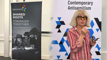 A Jewish Kurdish Network banner bearing the message “Shared Roots, Stronger Together,” alongside network founder Liat Korduene speaking at the conference. 