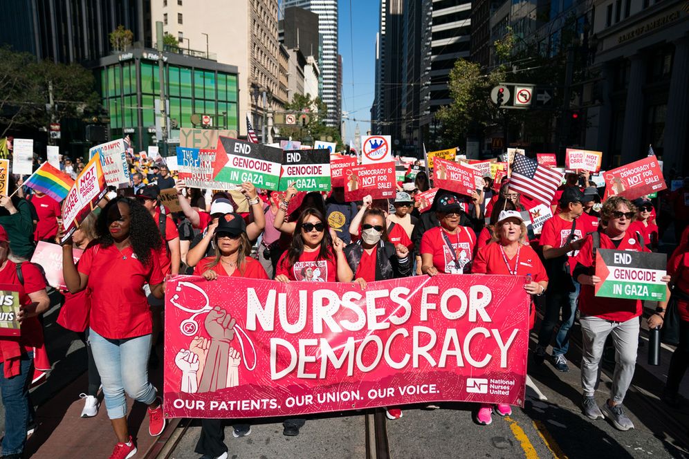 IMAGE DISTRIBUTED FOR NATIONAL NURSES UNITED - Registered nurses march at the Saturday, Oct. 18 No Kings Day of Defiance action organized by National Nurses United and Indivisible SF, in San Francisco, Calif.