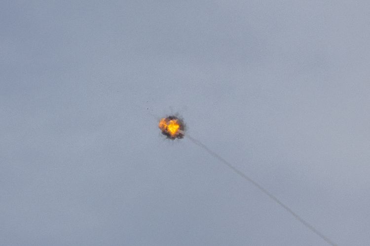 Iron dome anti-missile system fires interception missiles as rockets fired from the Gaza Strip to Israel, as it seen from the Israeli side of the border,