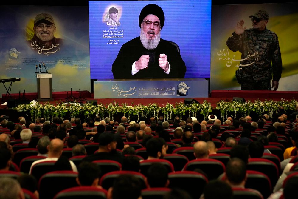 Hezbollah leader Sayyed Hassan Nasrallah speaks at a ceremony to mark the seventh anniversary death of Hezbollah's top commander Mustafa Badreddine, in the southern suburbs of Beirut, Lebanon.