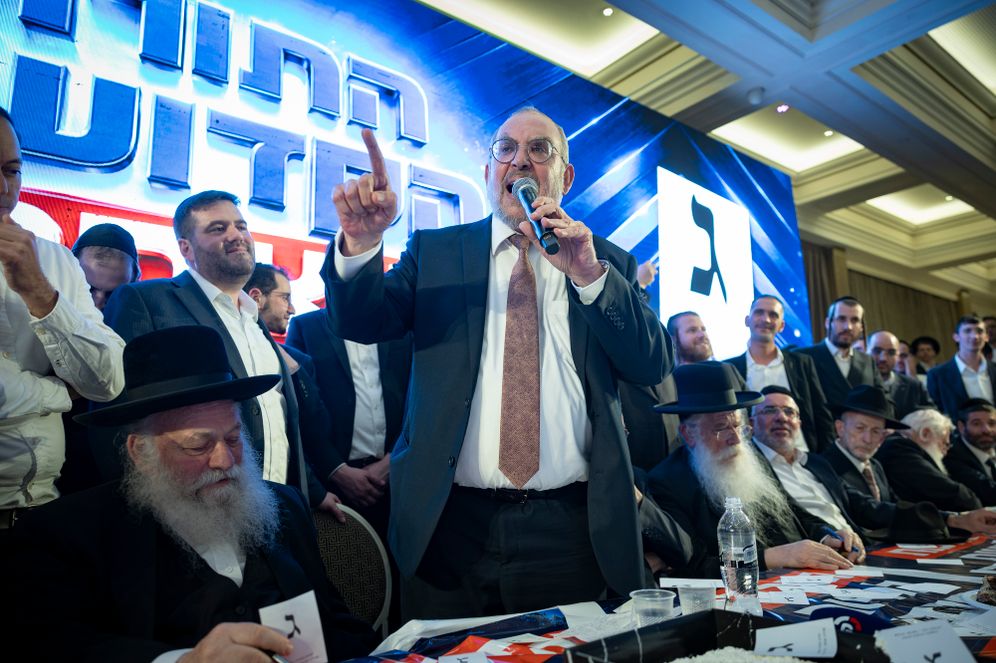 United Torah Judaism party chairman MK Yaakov Asher alongside members of his party at the party’s election headquarters in the ultra-Orthodox city of Bnei Brak, central Israel, following the release of exit poll results on Israel’s general election night, October 28, 2026. 