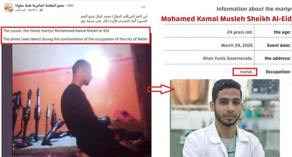 Capture d'écran X / @Aizenberg55 Mohamed Kamal Al-Eid, killed Mar 29, 2026, was a combatant doubling as a nurse. Several social media posts confirm he was a Hamas fighter.