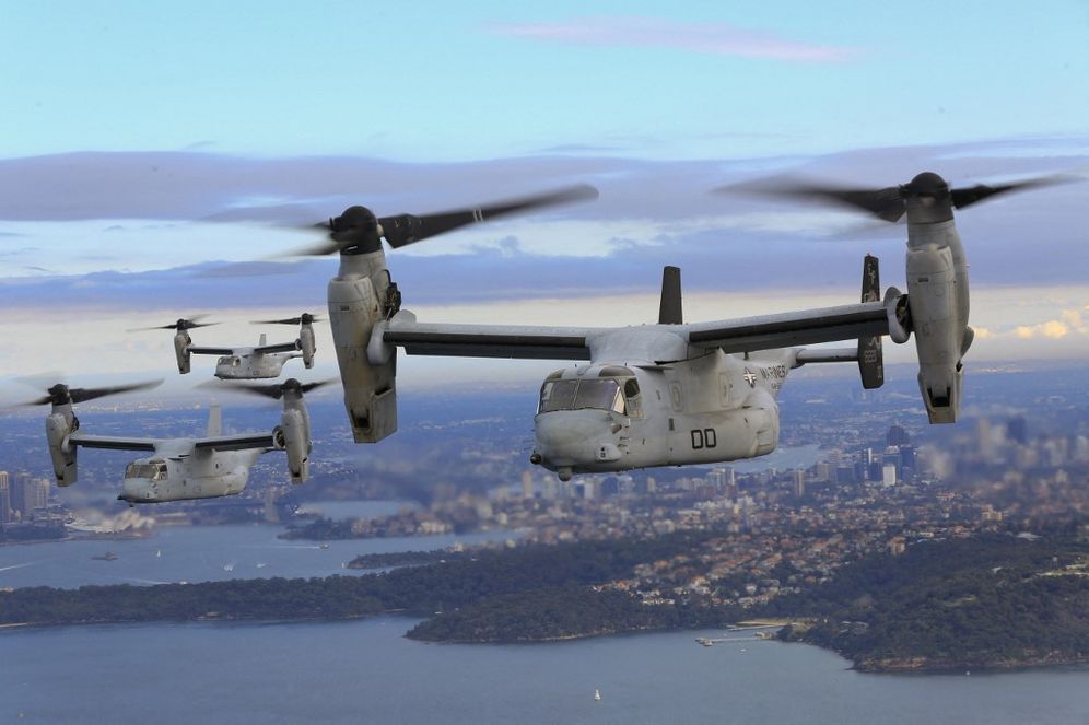 Amy PHAN / US MARINE CORPS / AFP FILE PHOTO. Three MV-22B Osprey tilt-rotor aircraft flying over the Pacific Ocean off Sydney.