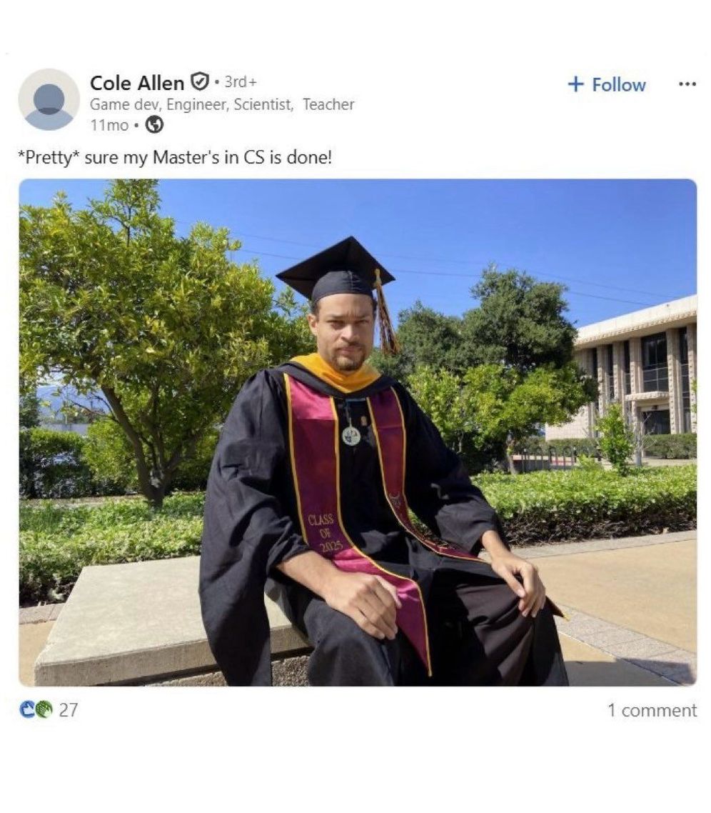 صورة كول توماس الين في صفحته الشخصية لدى حصوله على اللقب الثاني