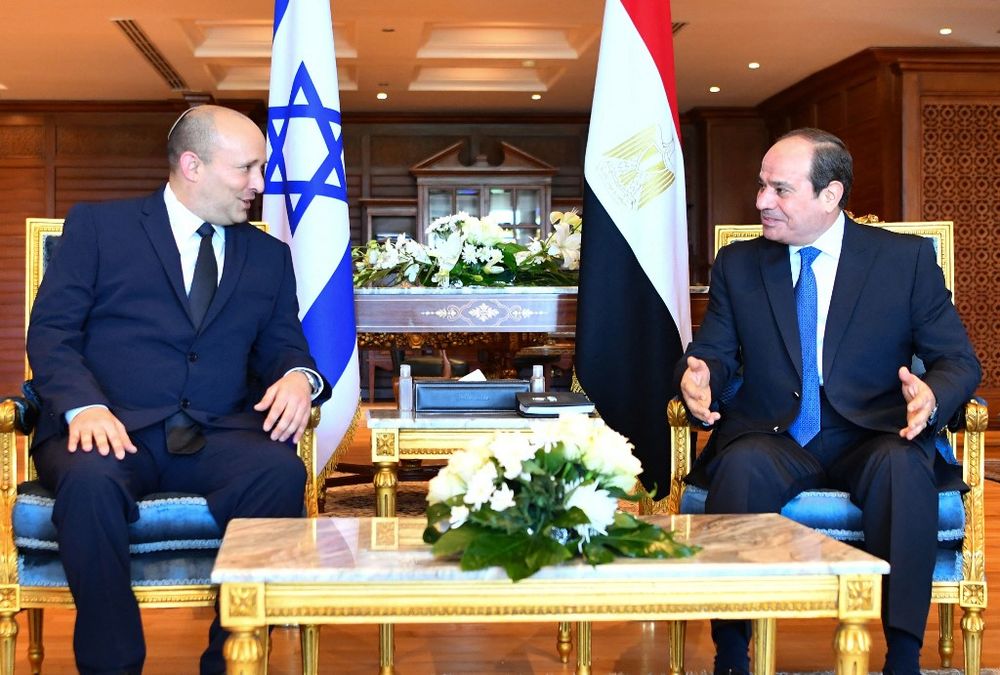 Egypt's President Abdel Fattah al-Sisi (R) meeting with Israel's Prime Minister Naftali Bennett in the Egyptian Red Sea resort town of Sharm El-Sheikh, September 13, 2021.