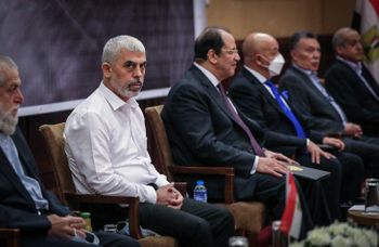 Yahya Sinwar, Hamas' political chief in Gaza, meets with General Abbas Kamel, Egypt's intelligence chief, Gaza City. May 31, 2021.