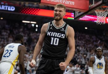 Sacramento Kings forward Domantas Sabonis reacts after scoring against the Golden State Warriors in the first quarter during Game 1 in the first round of the NBA basketball playoffs in Sacramento, California, USA.