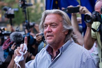 FILE - Former aide to US President Donald Trump, Steve Bannon, speaks to the press in New York, on August 20, 2020.
