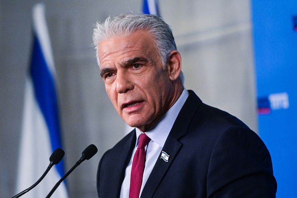 Avshalom Sassoni/Flash90 Opposition Leader Yair Lapid speaks during a press conference as part of the Together party election campaign in Tel Aviv, central Israel, August 19, 2026.