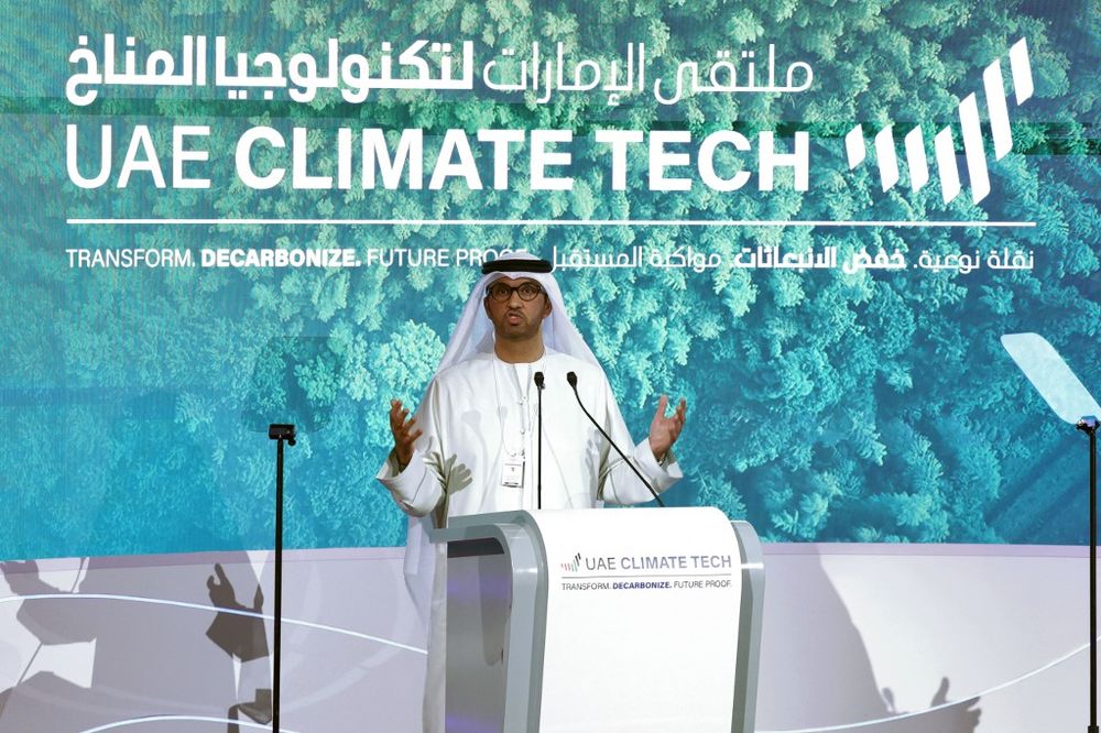 Sultan al-Jaber, chief executive of the UAE's Abu Dhabi National Oil Company (ADNOC) and president of this year's COP28 climate, talks during the "UAE Climate Tech" conference in Abu Dhabi, UAE.