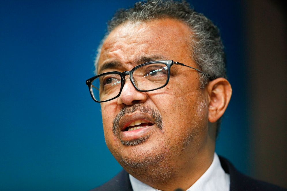 The head of the World Health Organization, Tedros Adhanom Ghebreyesus, speaks during a media conference in Brussels, Belgium, on February 18, 2022.