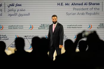 Syria's President Ahmed al-Sharaa arrives to speak at the Arab Media Summit 2026 in Dubai, United Arab Emirates, Tuesday, Sept. 15, 2026. 
