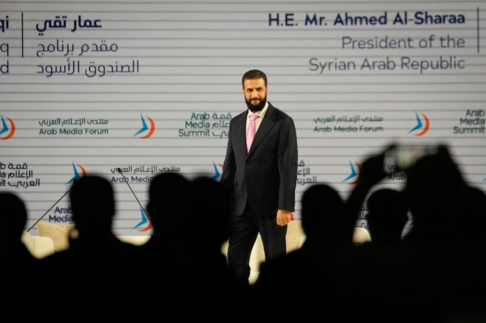 Syria's President Ahmed al-Sharaa arrives to speak at the Arab Media Summit 2026 in Dubai, United Arab Emirates, Tuesday, Sept. 15, 2026. 

