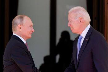 US President Joe Biden and Russian President Vladimir Putin, arrive to meet at the 'Villa la Grange,' June 16, 2021, in Geneva, Switzerland.