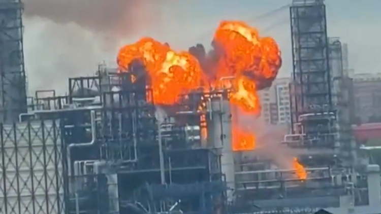 Moscow oil refinery set ablaze after being hit by Ukrainian drone strike for the second time