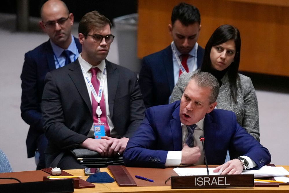 Gilad Erdan, Israeli ambassador to the United Nations, speaks during a Security Council meeting in New York, the United States.