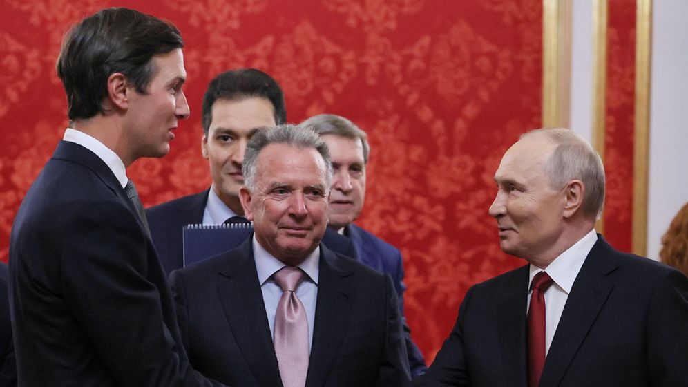 President Vladimir Putin, right, greets U.S. President Donald Trump's envoys Jared Kushner, left, and Steve Witkoff, center, prior to talks at the Senate Palace of the Kremlin in Moscow, on Saturday, Sept. 5, 2026. 