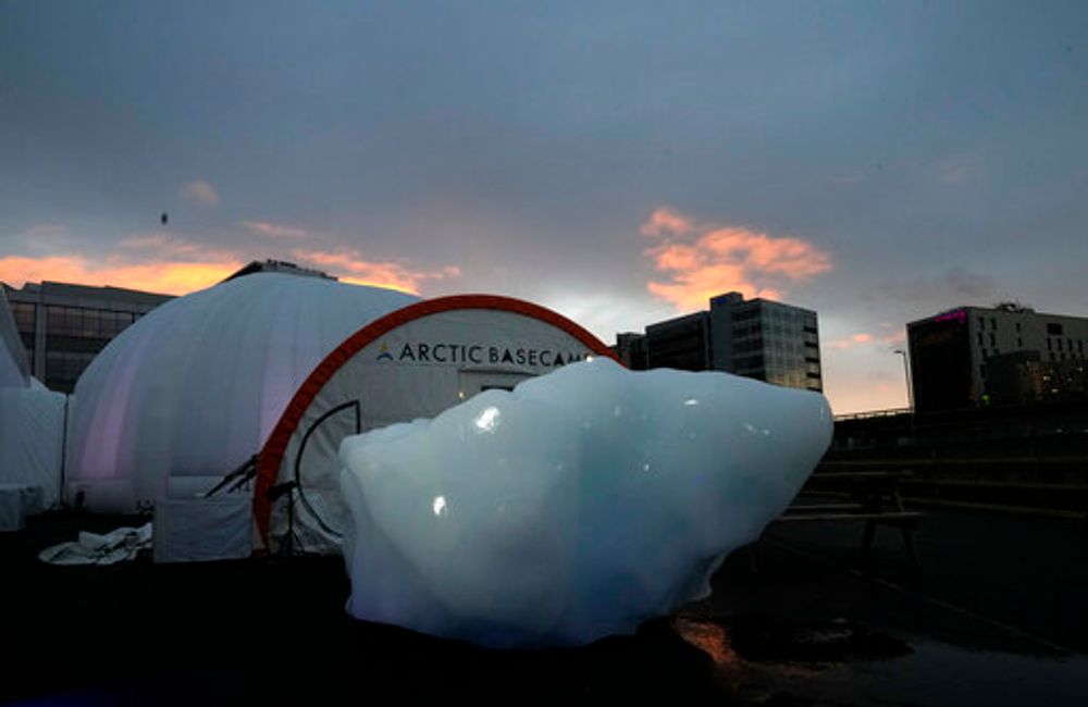 An iceberg delivered by members of Arctic Basecamp placed near the COP26 United Nations Climate Summit in Glasgow, Scotland, November 5, 2021.