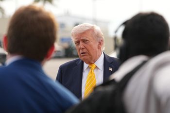 President Donald Trump talks to reporters before he boards Air Force One at Palm Beach International Airport in West Palm Beach, Fla., Saturday May 2, 2026, en route Miami
