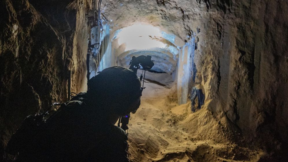 IDF Spokesperson Israeli soldier in a terror tunnel underneath the Gaza Strip