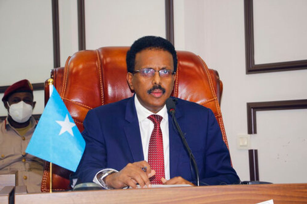 Somalia's President Mohamed Abdullahi Mohamed looks on during a parliamentary session in Mogadishu, Somalia, May 1, 2021.