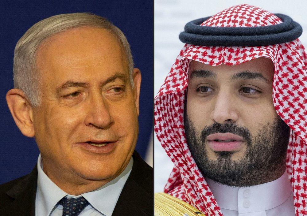 Montage showing Israeli prime minister Benjamin Netanyahu in Jerusalem, and Saudi Crown Prince Mohammed bin Salman in Riyadh, Saudi Arabia.