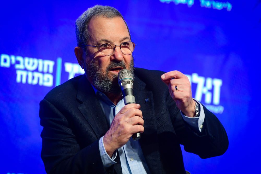 Former Israeli prime minister Ehud Barak speaks at the Haaretz Democracy Conference in Jaffa, on November 9, 2021.