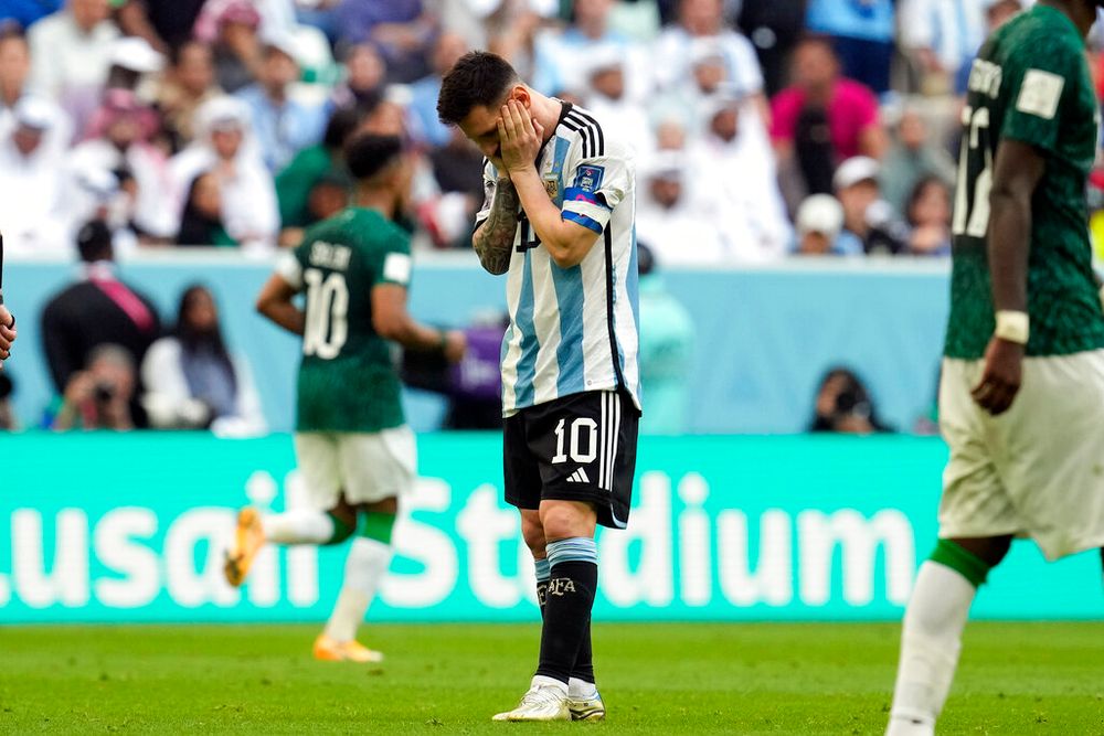 Argentina's Lionel Messi reacts disappointed during the World Cup group C soccer match between Argentina and Saudi Arabia at the Lusail Stadium in Lusail, Qatar.