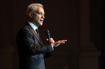Then-Chicago Mayor Rahm Emanuel addresses an audience in Chicago, Illinois on September 18, 2018.