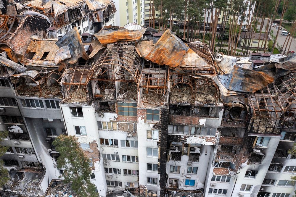 Une zone résidentielle détruite par des bombardements russes à Irpin près de Kiev, en Ukraine, le 21 mai 2022