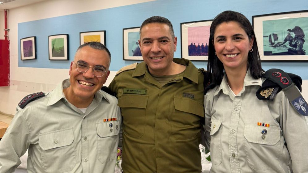 Lt. Col. Ella Vaouya, IDF Spokesperson Brig. Gen. Efi Dfirin, and Col. Avichay Adraee at the IDF Arabic Spokesperson handover ceremony, 15.02.26