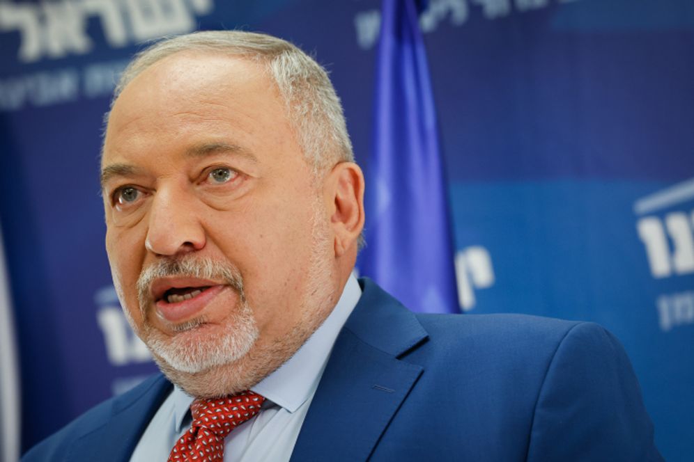 Israel Beytenu party chairman Avigdor Liberman speaks during a faction meeting at the Knesset, the Israeli parliament, in Jerusalem, on January 10, 2022.