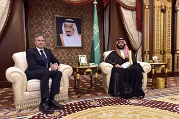 Saudi Arabia's Crown Prince Mohammed bin Salman (L) meets with U.S. Secretary of State Antony Blinken in Jeddah, Saudi Arabia.