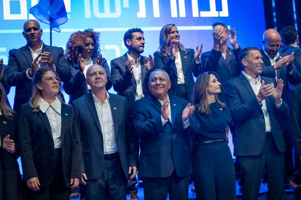 Gadi Eisenkot, chairman of the Yashar party, together with party members, attends the presentation of the party’s candidate list ahead of the upcoming general elections in Rosh HaAyin, September 7, 2026.