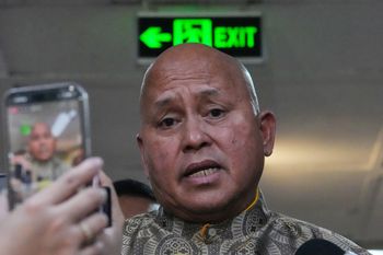 Philippine Senator Ronald dela Rosa speaks to reporters at the Philippine Senate in Pasay, Philippines on Wednesday, May 13, 2026
