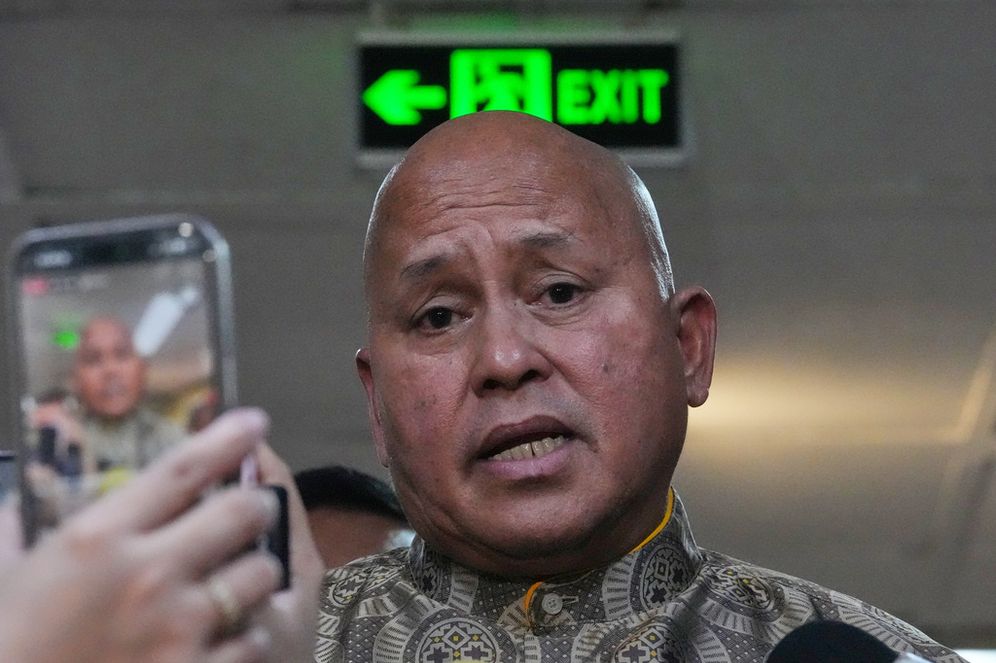 Philippine Senator Ronald dela Rosa speaks to reporters at the Philippine Senate in Pasay, Philippines on Wednesday, May 13, 2026