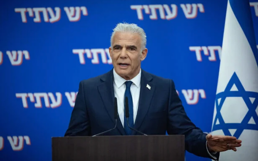 Opposition leader Yair Lapid chairs a meeting of the Yesh Atid party’s parliamentary group at the Knesset, in Jerusalem, on February 23, 2026.